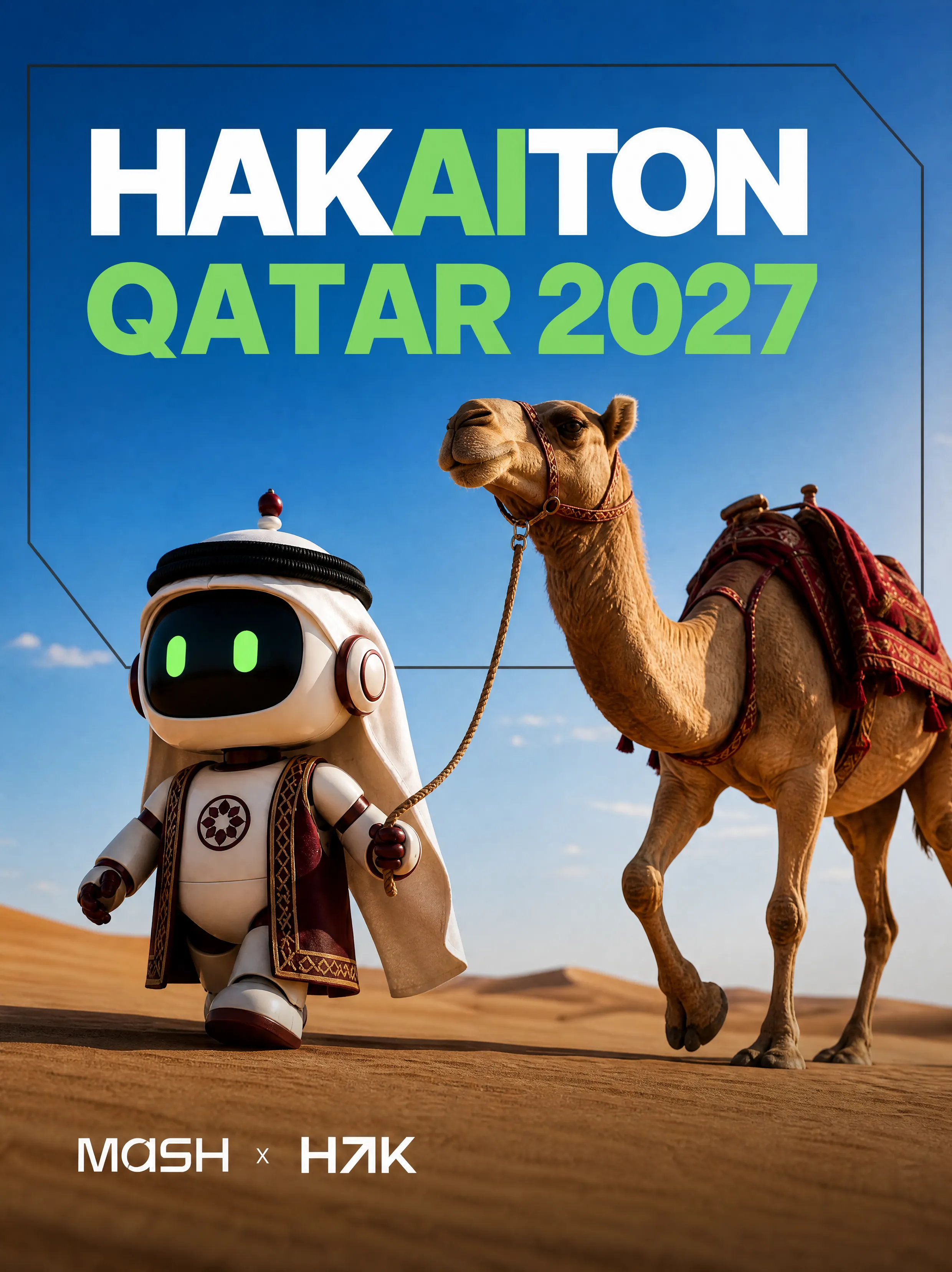 HAKAITON Qatar 2027 key art; Hako leading a camel across the dunes, presented by MASH and HAK.